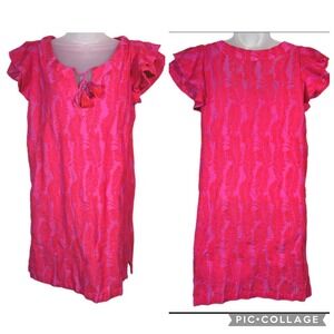 Vineyard Vines Embroidered Tassel Neck Dress Bright Pink Red Feather Print XS